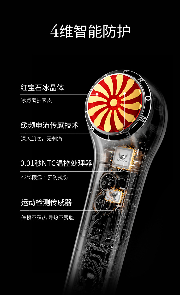 4維智能防護，紅寶石晶體，紅寶石緩頻電流傳感技術，0.01秒NTC溫控處理器，運動檢測傳感器